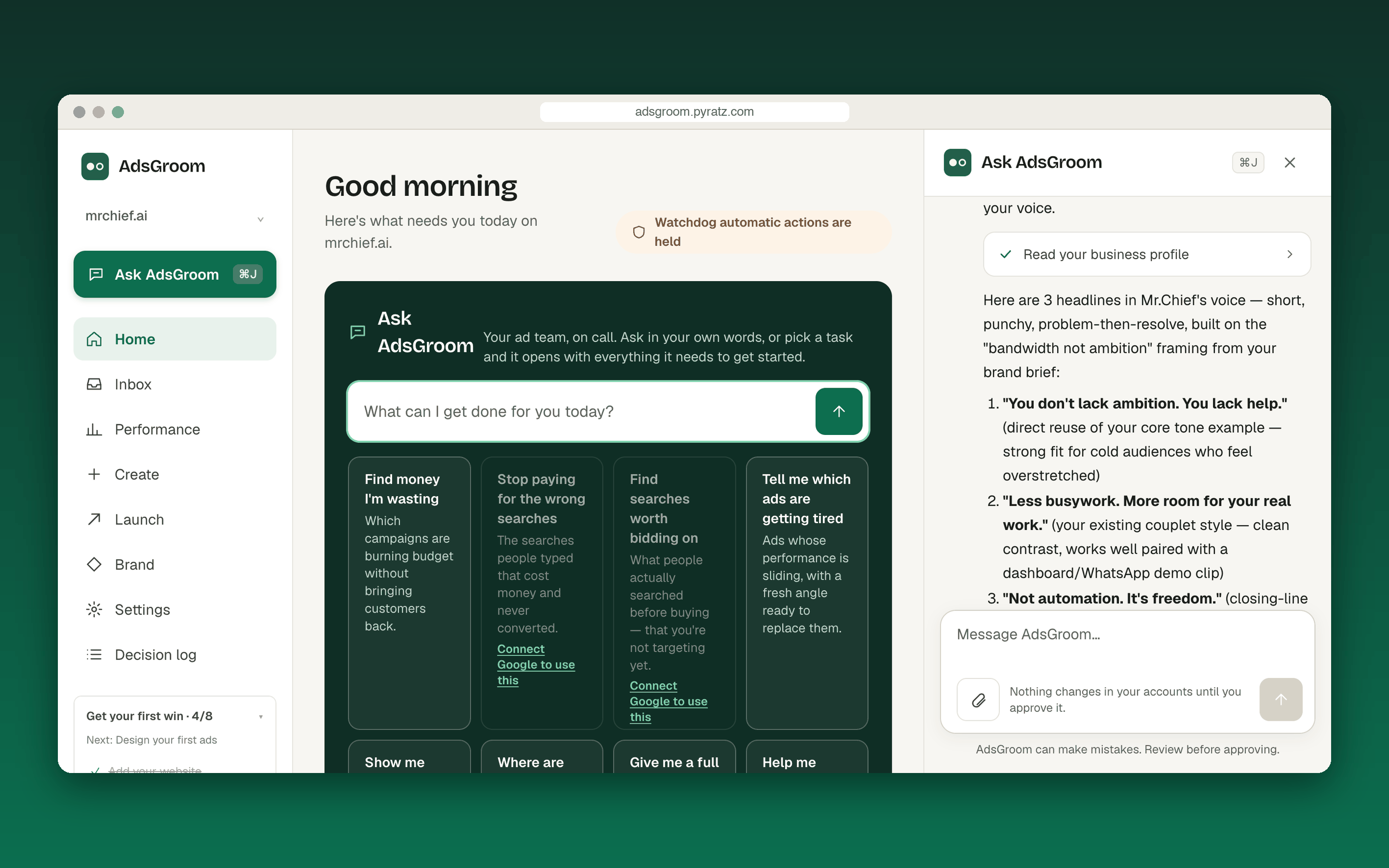 Adsgroom assistant chat