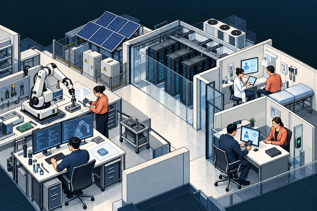 Vue en coupe illustrée : robotique et logiciels à gauche, énergie et infrastructures de calcul au centre, santé et services financiers à droite.